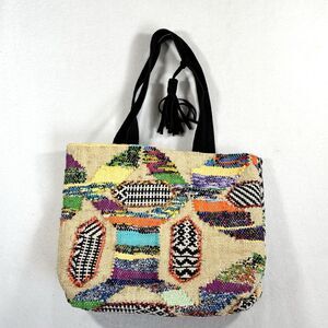 Woven Tapestry Handbag Tote With Leather Tassel Handles 16x13 Artsy Patch Design